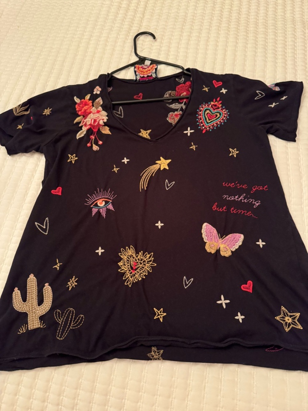 Johnny Was Black Tee with Colorful Embroidered Floral & Star Accents